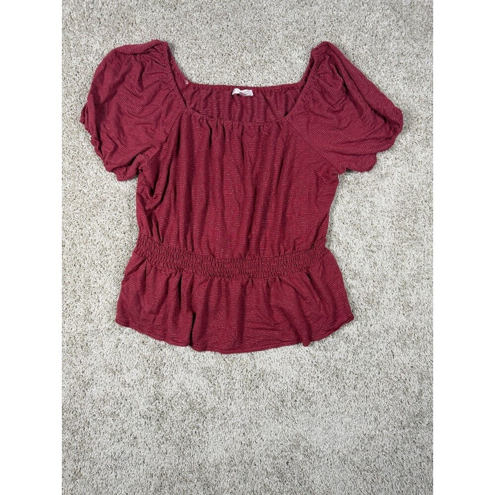 LC Lauren Conrad Women's XXL Burgundy Puff Sleeve Smocked Peplum Blouse Top